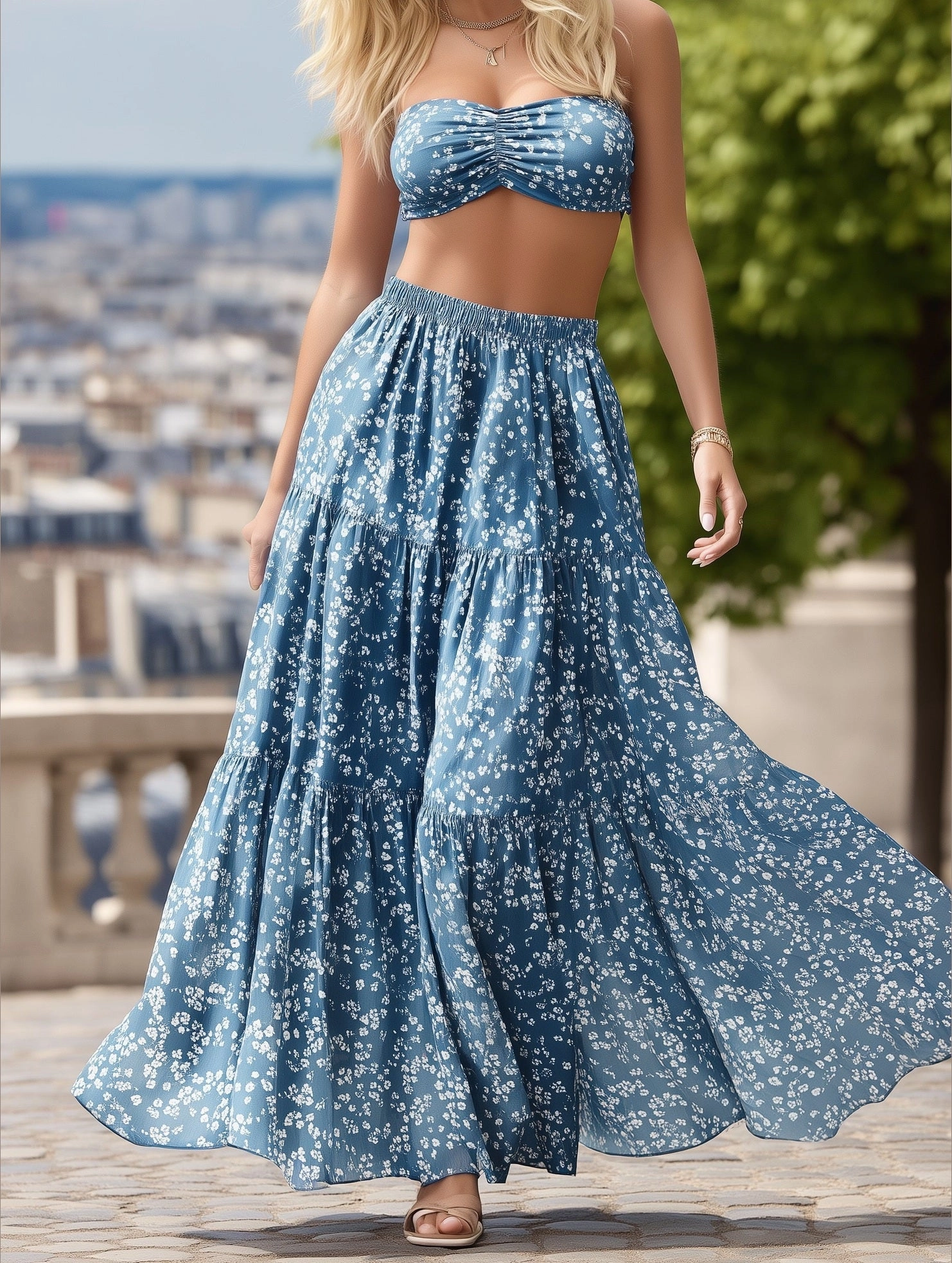 Floral Panel Maxi A-Line Skirt ??Boho Chic Flow Performance Ready