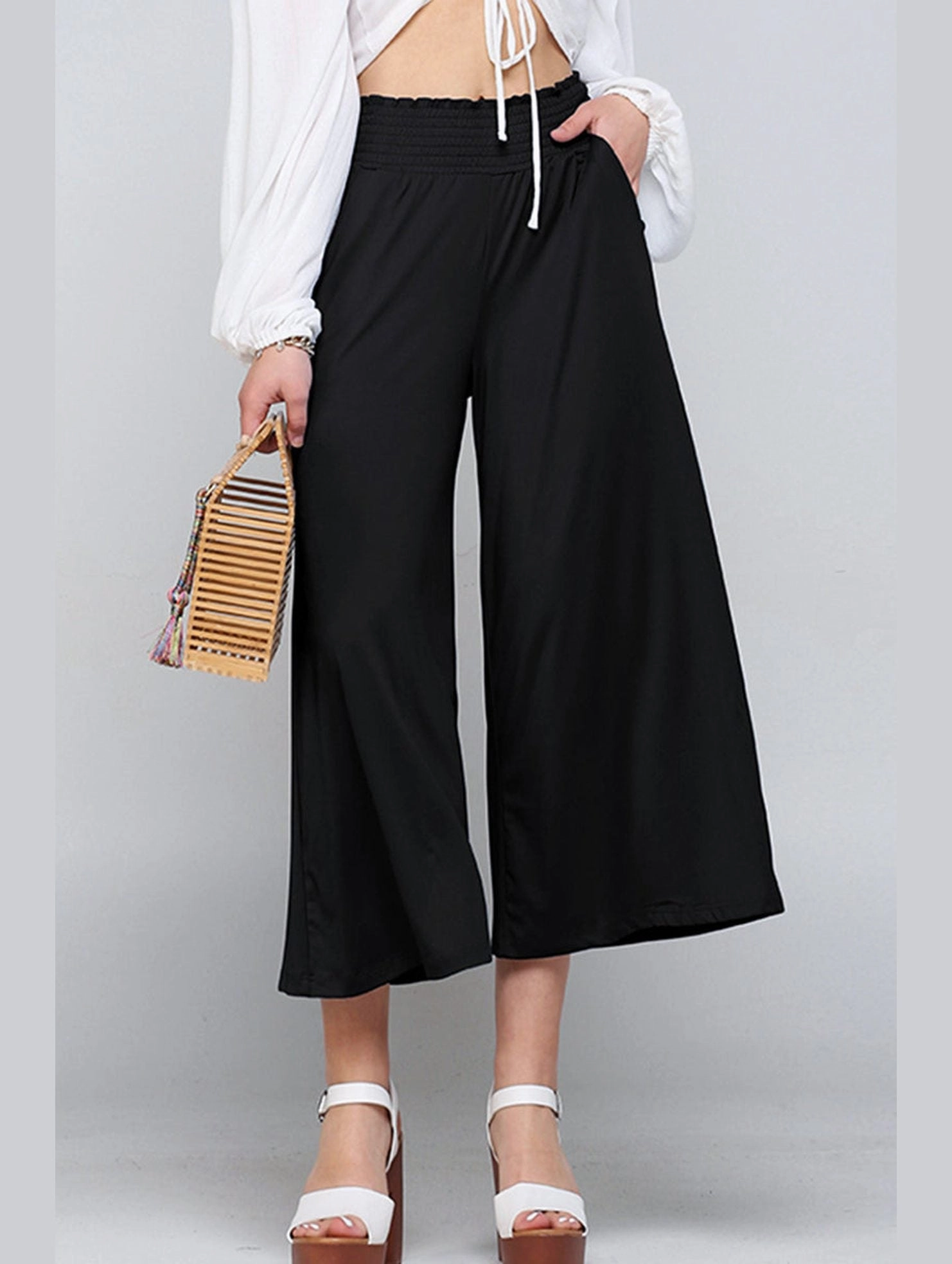 SMOCKED WAIST BEND GAUCHO PANTS Tough Style Back pockets
