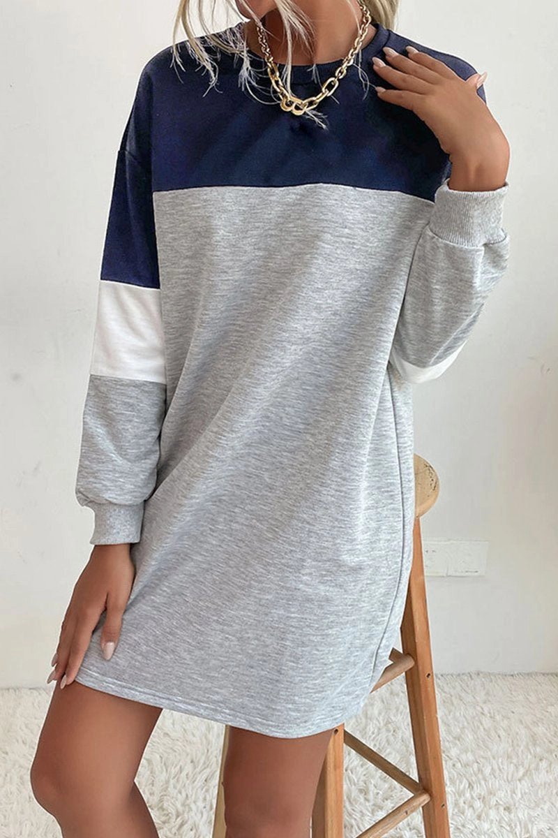 WOMEN LONG SLEEVE COLOR BLOCK COZY SHOR DRESS luxe feel