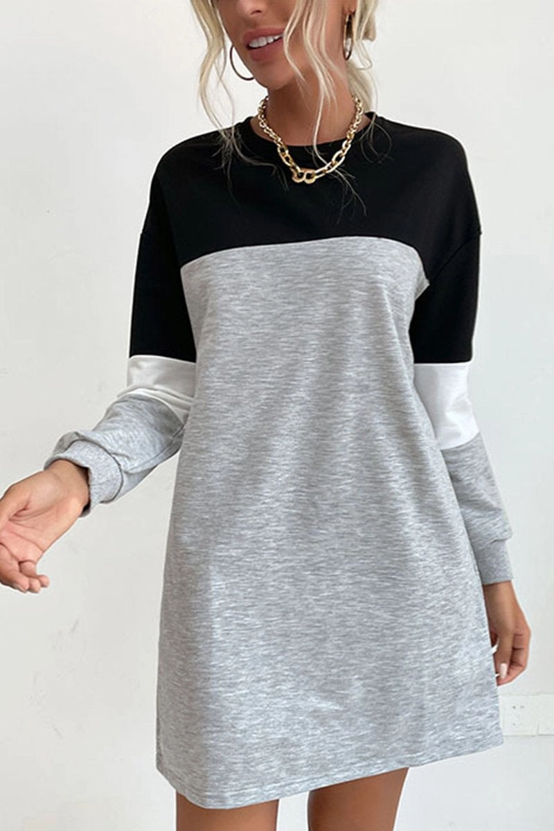 Simple Chic WOMEN LONG SLEEVE COLOR BLOCK COZY SHOR DRESS