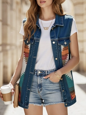 FlexibleSole PATTERN BLOCK BUTTON DOWN CASUAL DENIM VEST