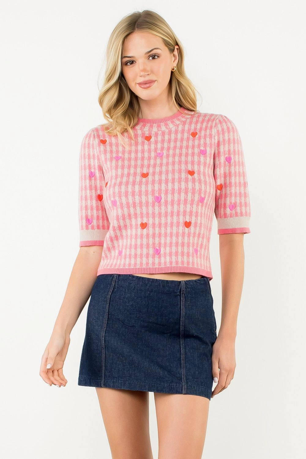 EMBROIDERED KNIT TOP HEART Hidden Pocket Anti Pill Surface