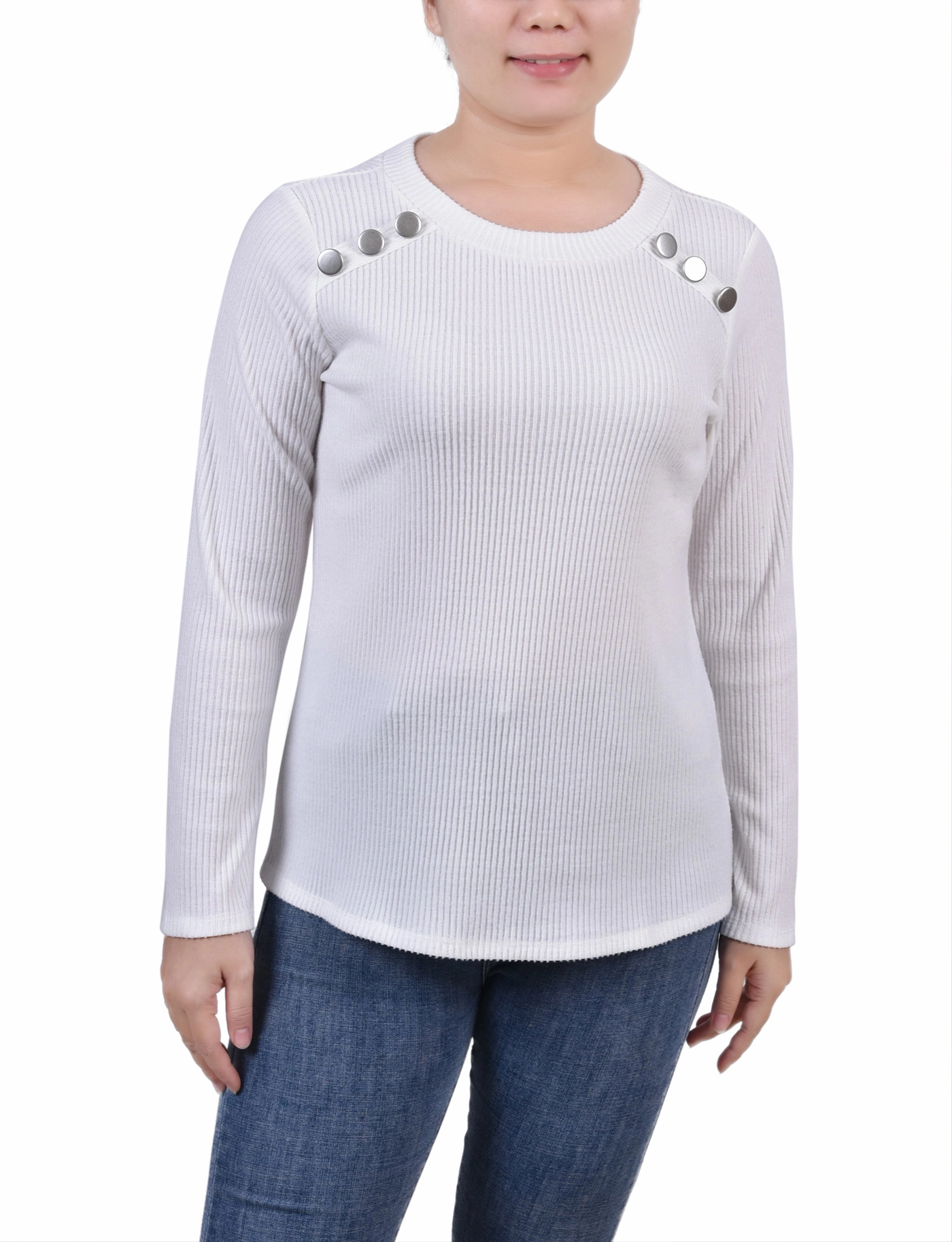 Petite Long Sleeve Ribbed Button Detail Top FasteningHood Non Irritating Label