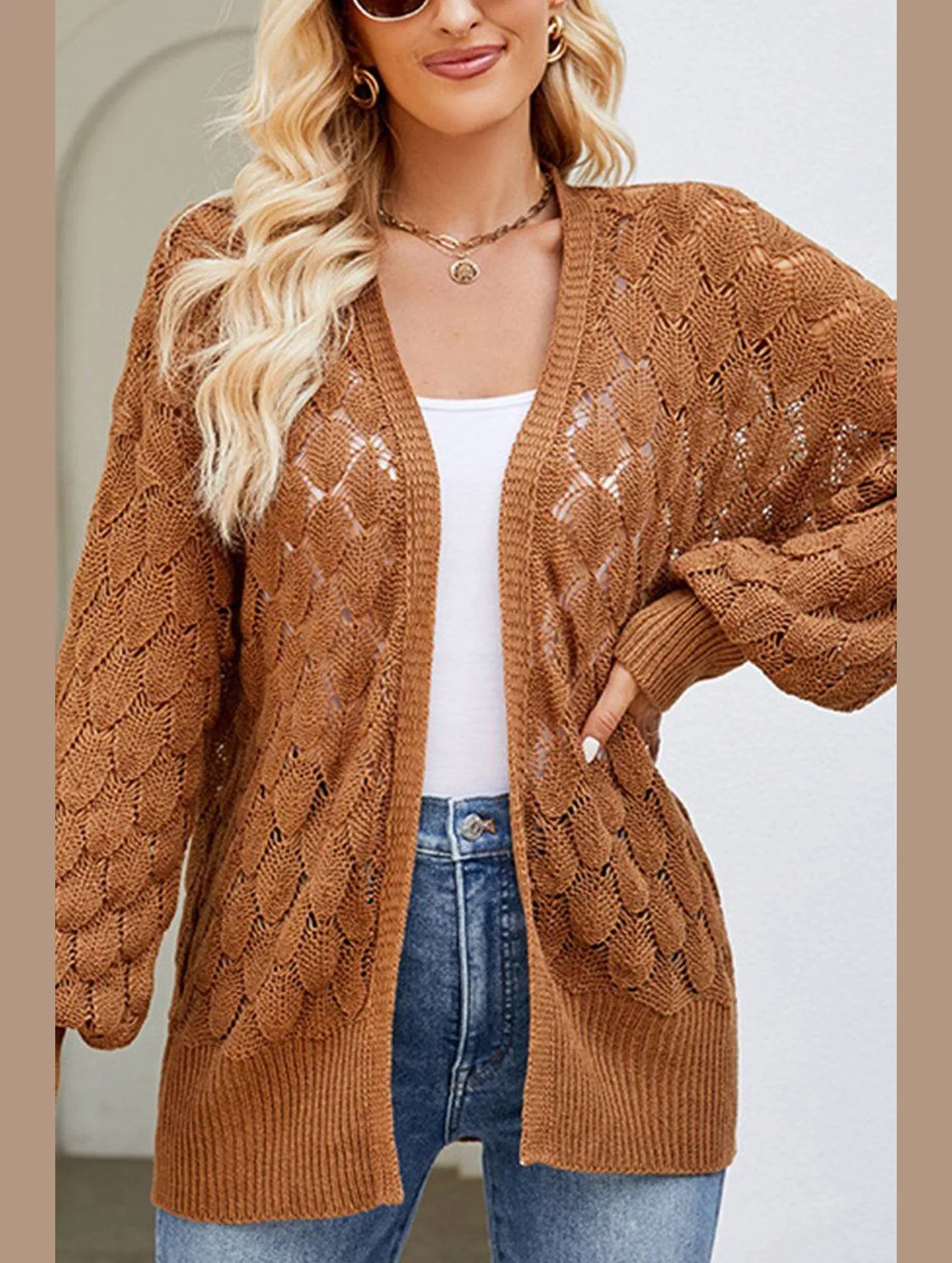 RibbedCollar WOMEN HOLLOW OUT KNITTED SWEAT CARDIGAN