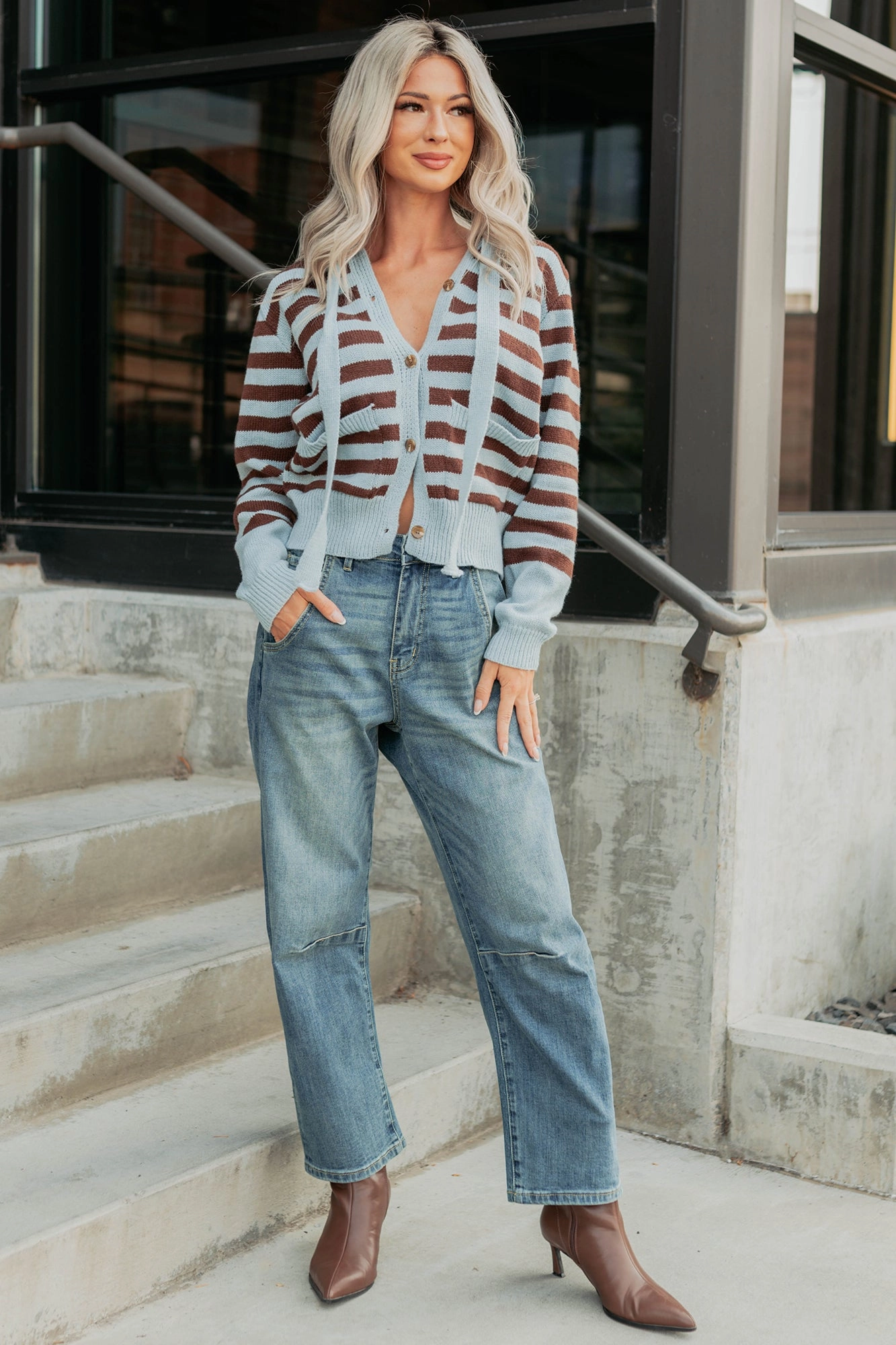 Sinking In Striped Knit Hooded Cardigan (Light Blue) Reinforced Shoulder Seams Thermochromic Color Shift Tech