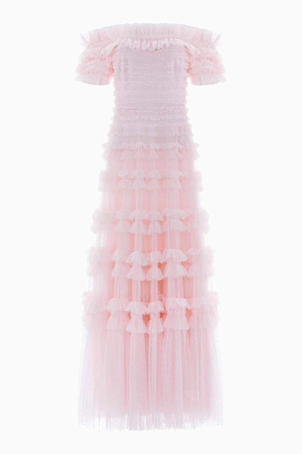 Beadwork Lisette Ruffle Off Shoulder Gown