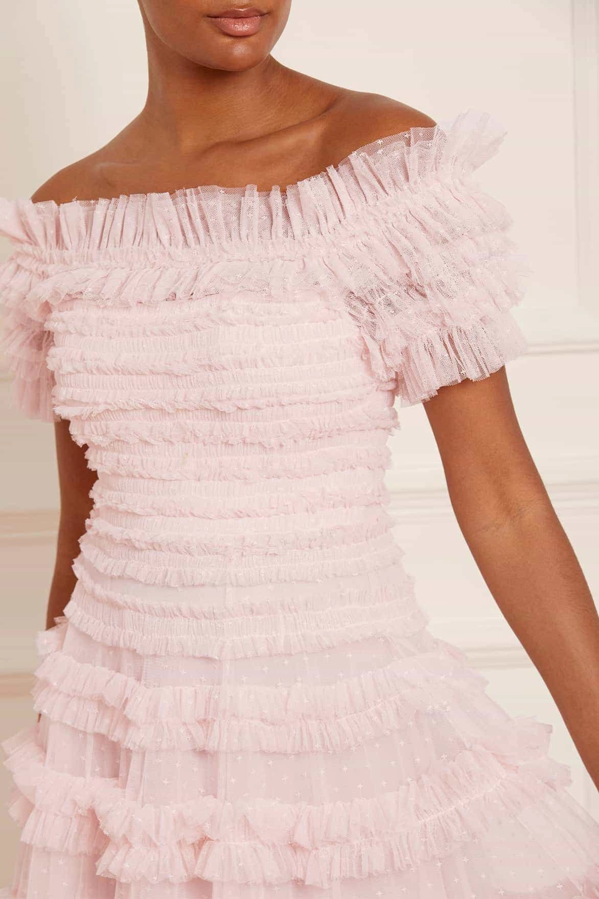 light layering Lisette Ruffle Off Shoulder Gown