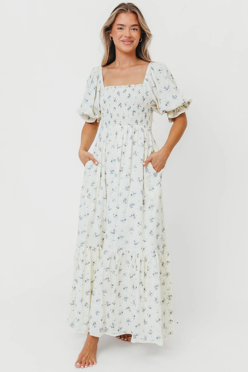 Livvy 100% Cotton Maxi Dress in Dusty Blue Floral - Bump Friendly & Inclusive Sizing Nature Glow Sleeveless Cut