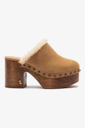 Elastic Miso Wooden Platform Clog In Peanut Suede And Natural Shearling
