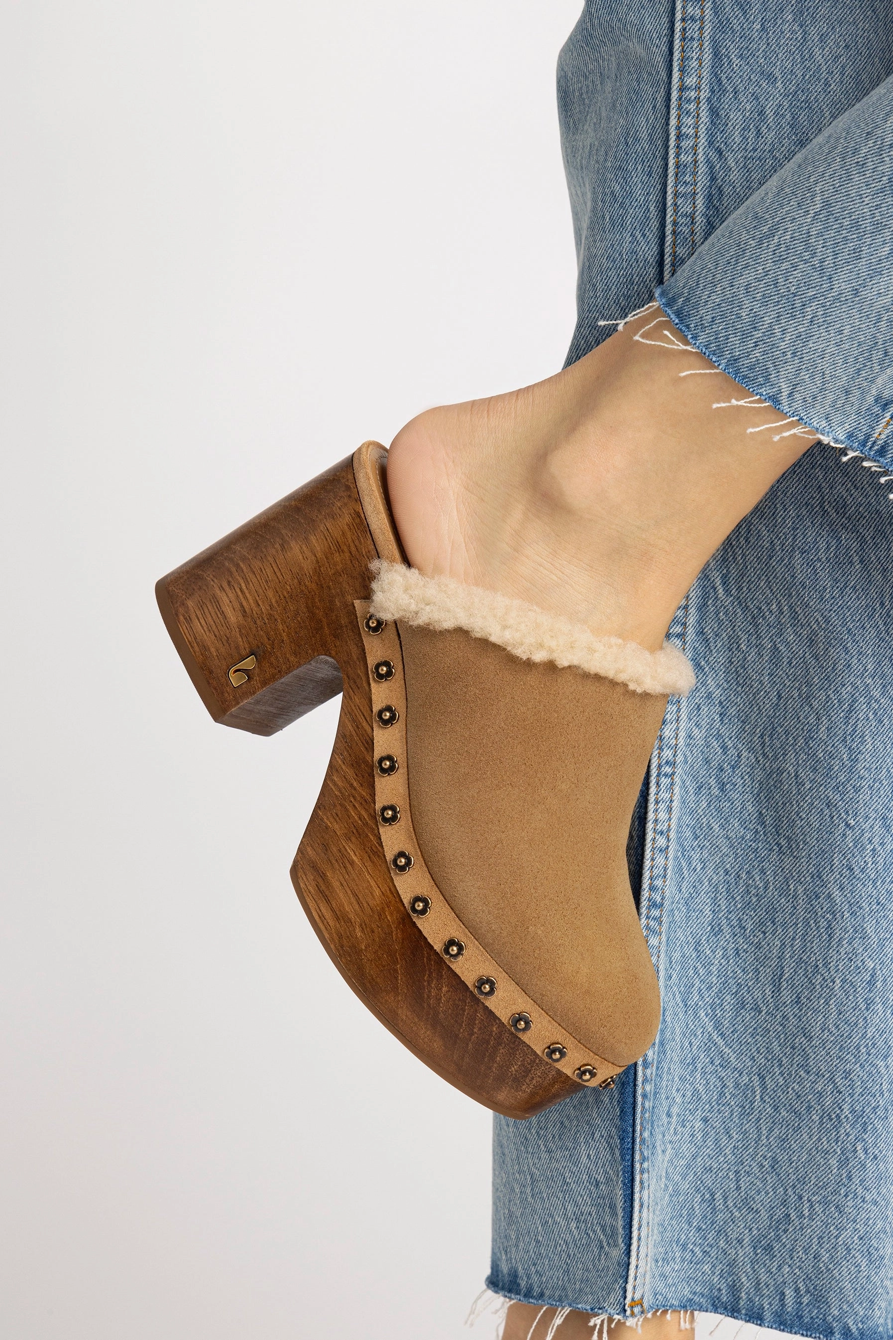 Cool Tone Miso Wooden Platform Clog In Peanut Suede And Natural Shearling