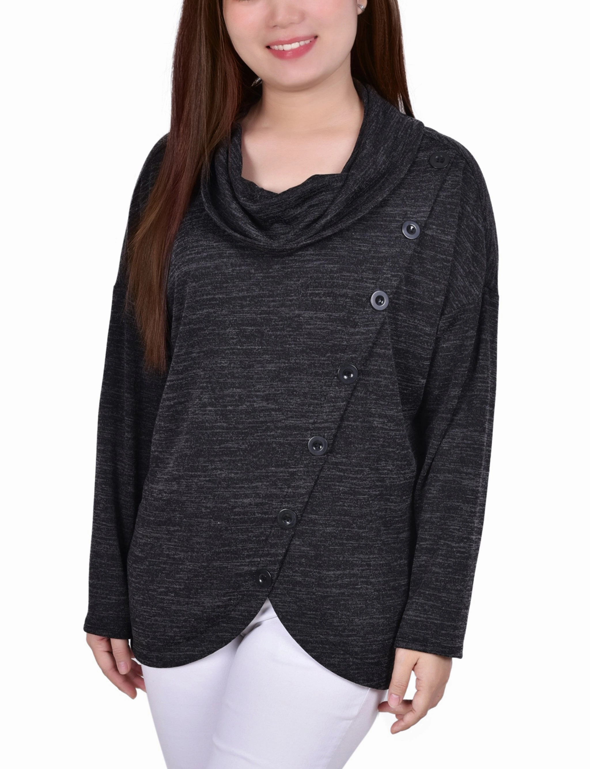 Long Sleeve Cowl Neck Top With Button Detail SmoothZipper Long Sleeve Shirt