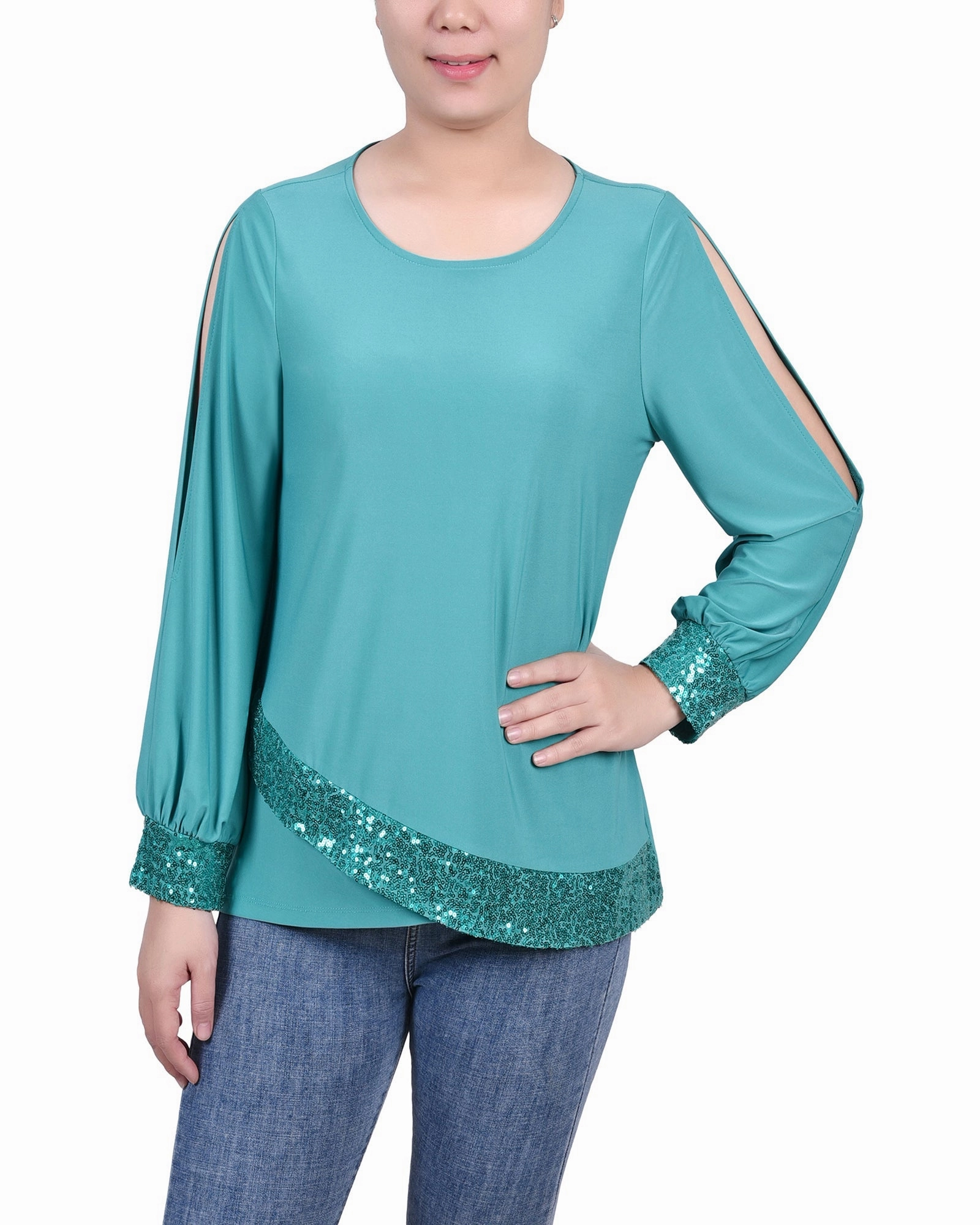Long Sleeve Knit Top With Sequin Trim Garment Washed Finish