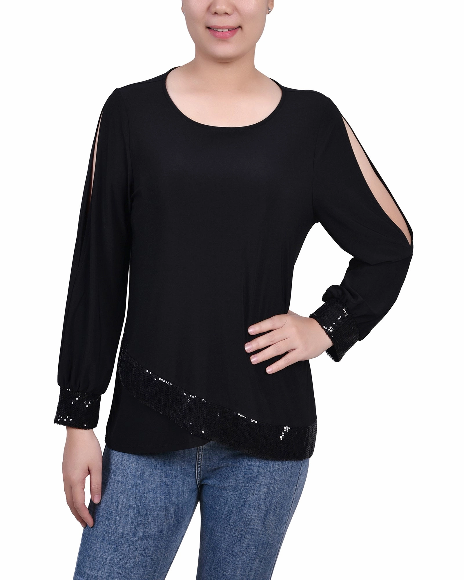 Low Profile Zipper Closure SolarReflectiveFinish Long Sleeve Knit Top With Sequin Trim