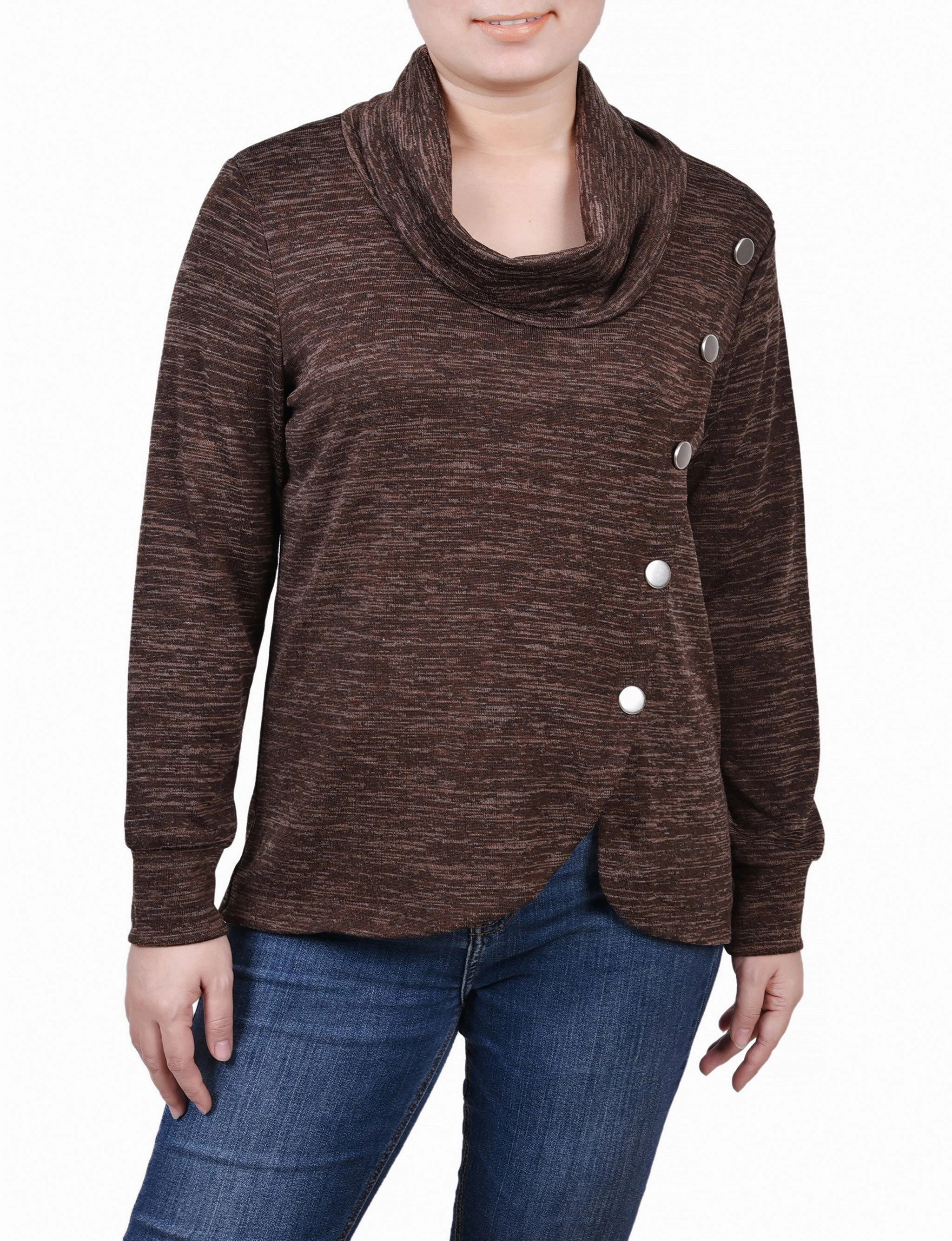 FrictionResistant Fabric Long Sleeve Overlapping Cowl Neck Top