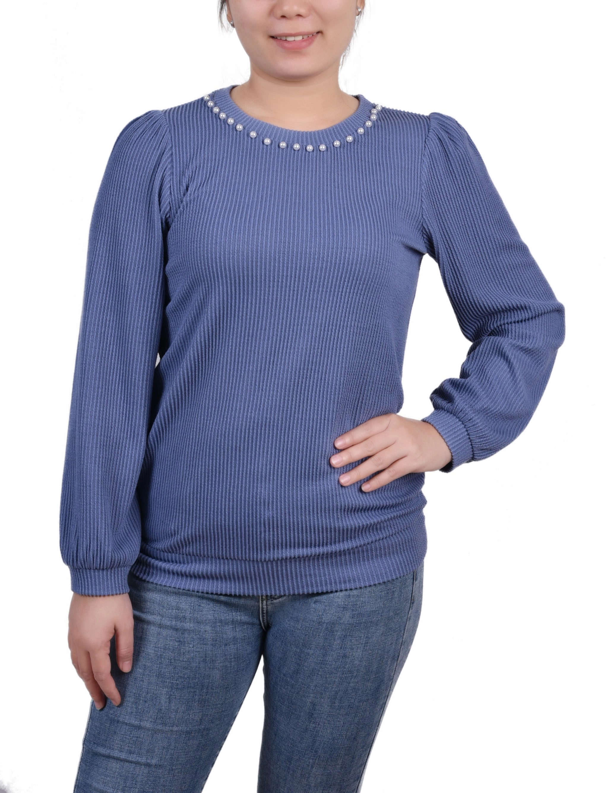 SheerLayering Long Sleeve Ribbed Pearl Trimmed Top