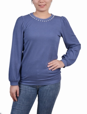 Long Sleeve Ribbed Pearl Trimmed Top Ergonomic Fit Design