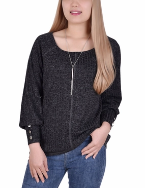 Summer Blouse Long Sleeve Ribbed Pullover Top With Detachable Necklace