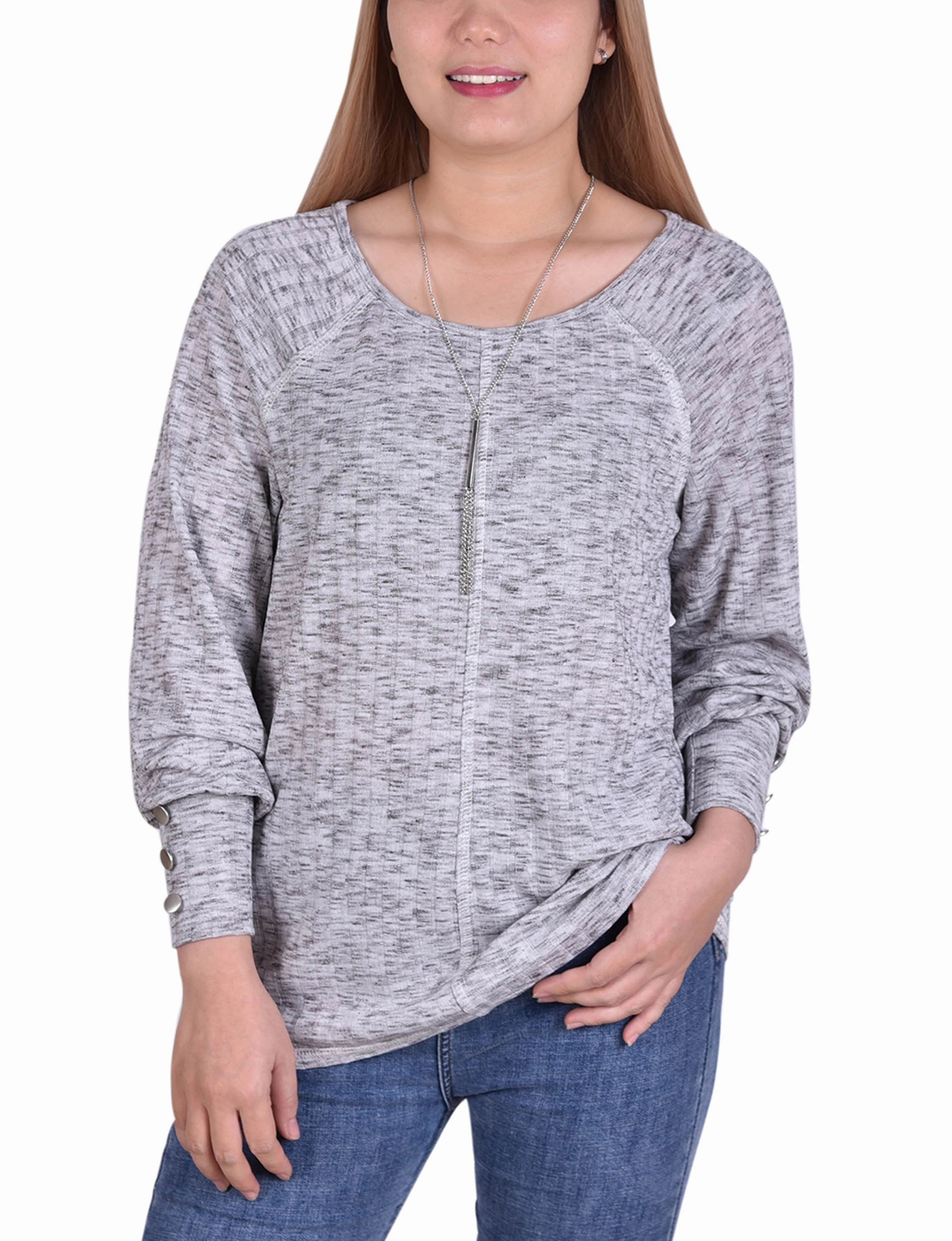 UVProtection Soft Cotton Blend Long Sleeve Ribbed Pullover Top With Detachable Necklace