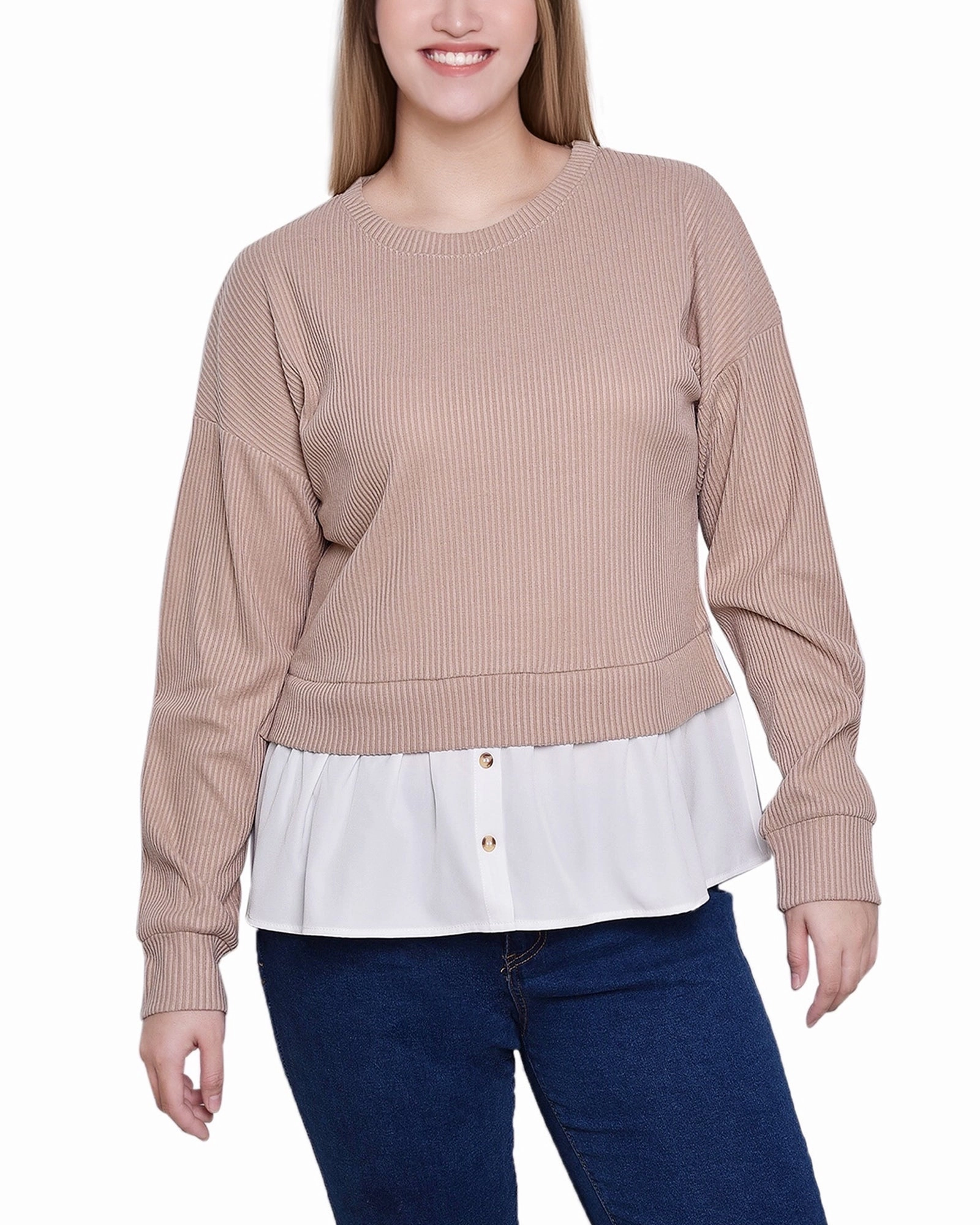 Long Sleeve Two-Fer Top With Gathered Inset Airflow Mesh Lining RawHemDetail