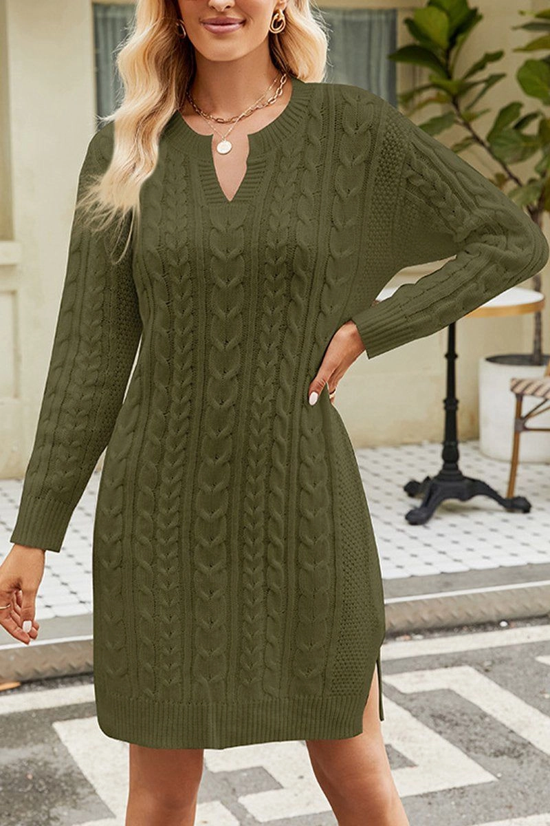 Halter neck Silky Mood LONG SLEEVE V NECK TWO SIDE SLIT SWEATER DRESS
