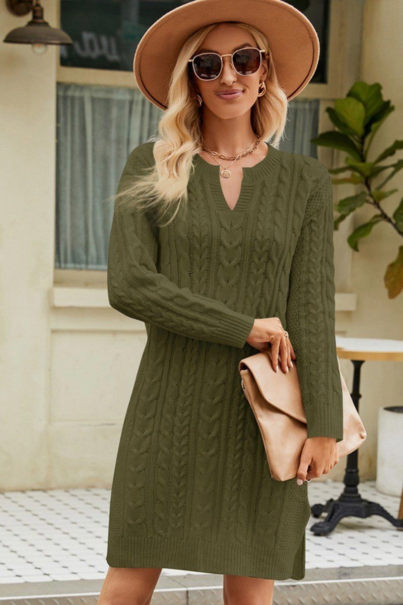 Outdoor Ready LONG SLEEVE V NECK TWO SIDE SLIT SWEATER DRESS