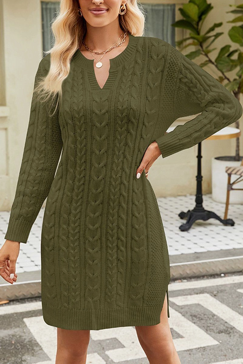 Fall Comfort Ankle-length LONG SLEEVE V NECK TWO SIDE SLIT SWEATER DRESS
