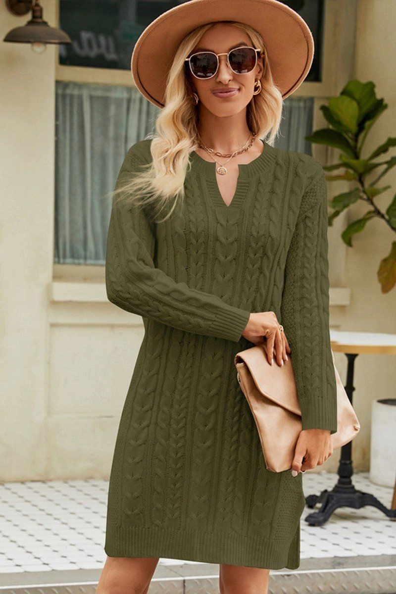 LONG SLEEVE V NECK TWO SIDE SLIT SWEATER DRESS Lined interior Glamorous look