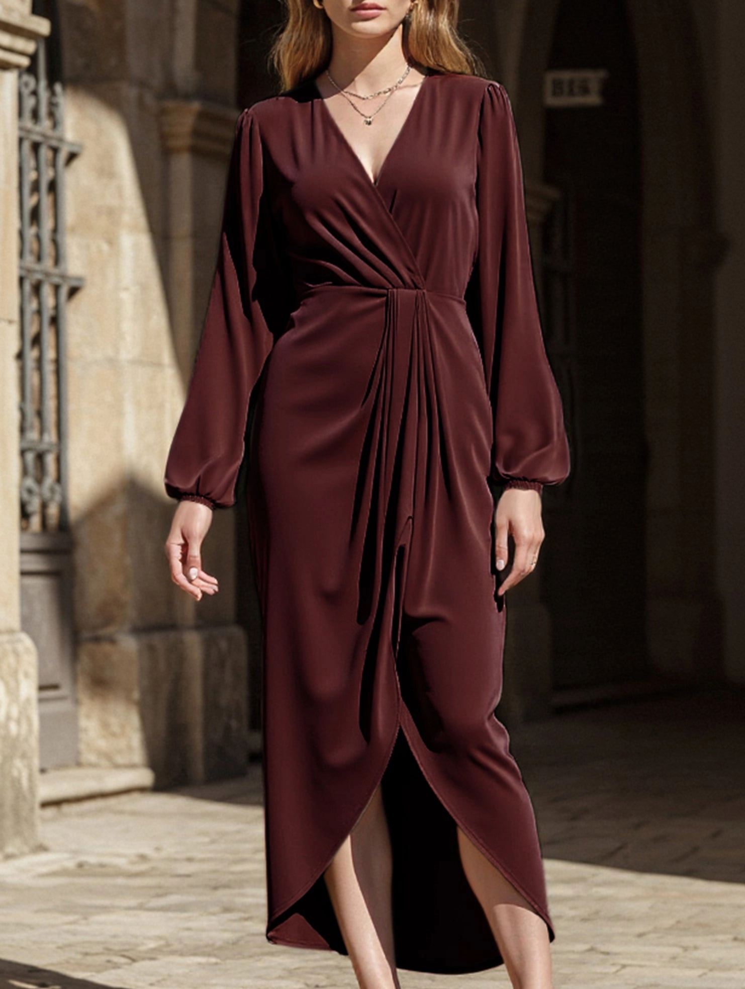LONG-SLEEVED DRESS WITH CROSS-NECK PLEATS AND SLIT Summer Mood