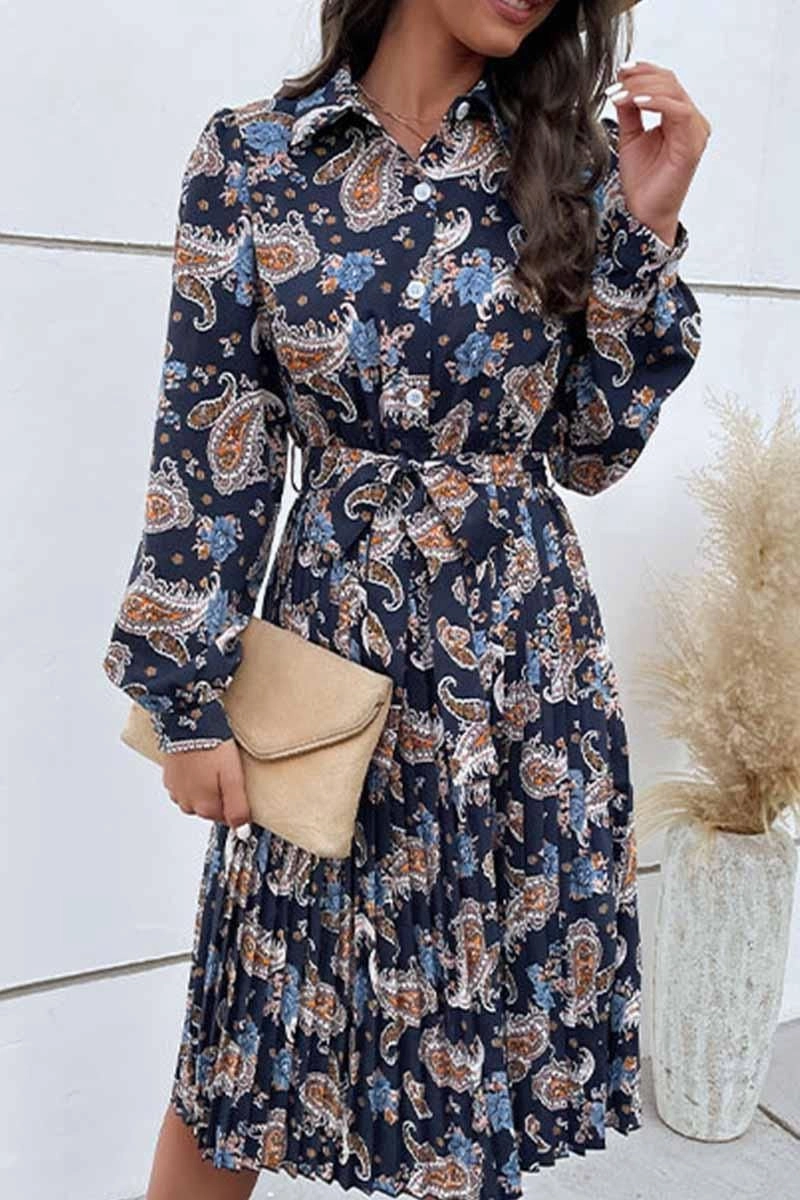 LONG SLEEVED PRINTED LAPEL PLEATED DRESS TearResistantFabric Tonal-Panel