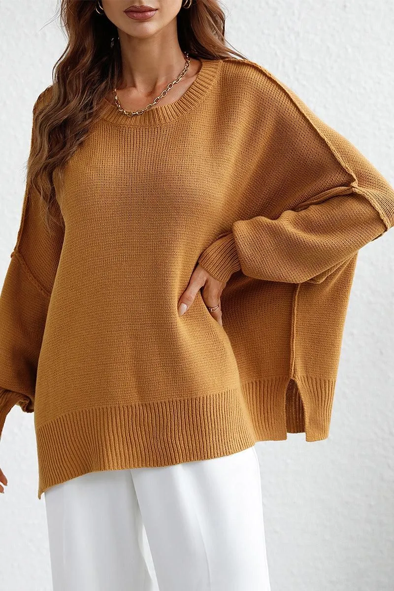 LOOSE FIT DOLMAN SLEEVE KNIT SWEATER Stretchable Neckline Adaptive Waistband