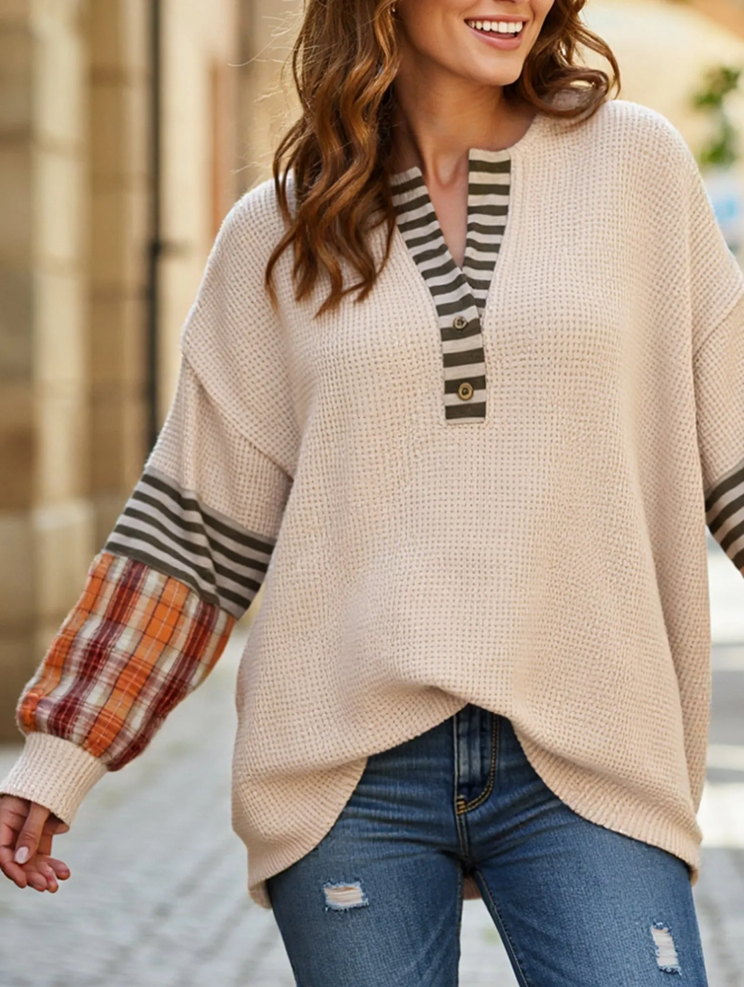 Loose plaid long-sleeved top CrossGrain Fabric Noise Reduced Zipper