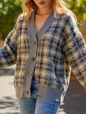 SlubTexture WrinkleResistantFinish Loose button plaid color-blocking cardigan