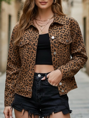 Loose-fitting leopard print denim cropped jacket Anti Static Treatment