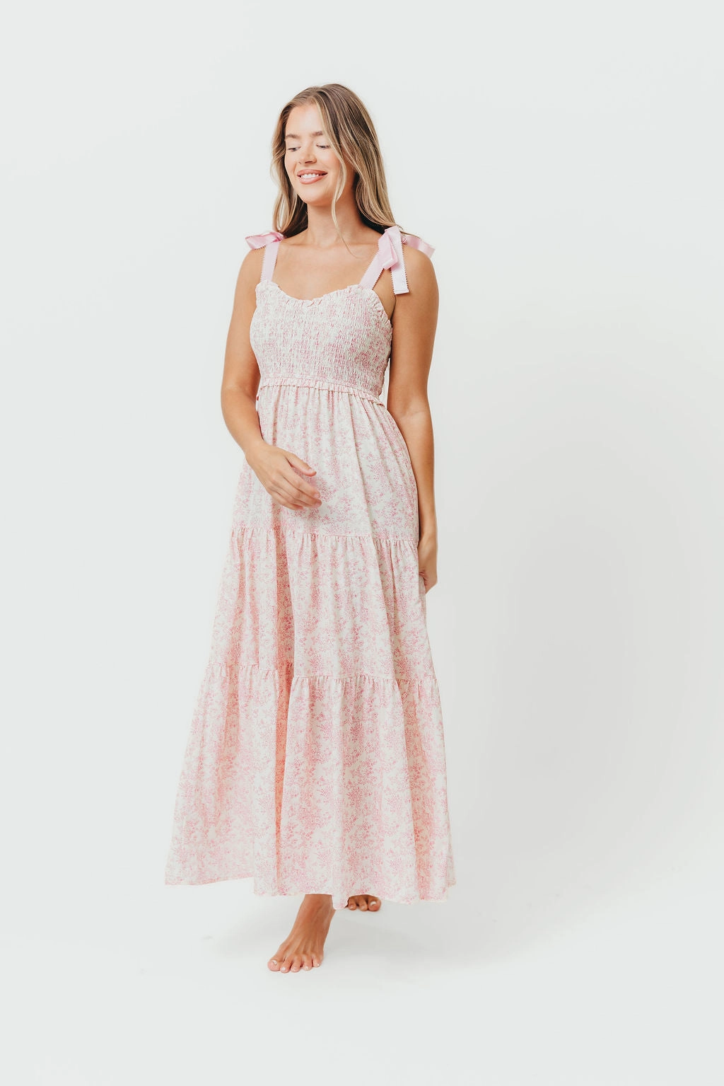 Lottie Tiered Maxi Dress in Pink Floral Sleek Style Dew Tone