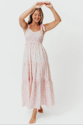 Lottie Tiered Maxi Dress in Pink Floral Lace-Trim