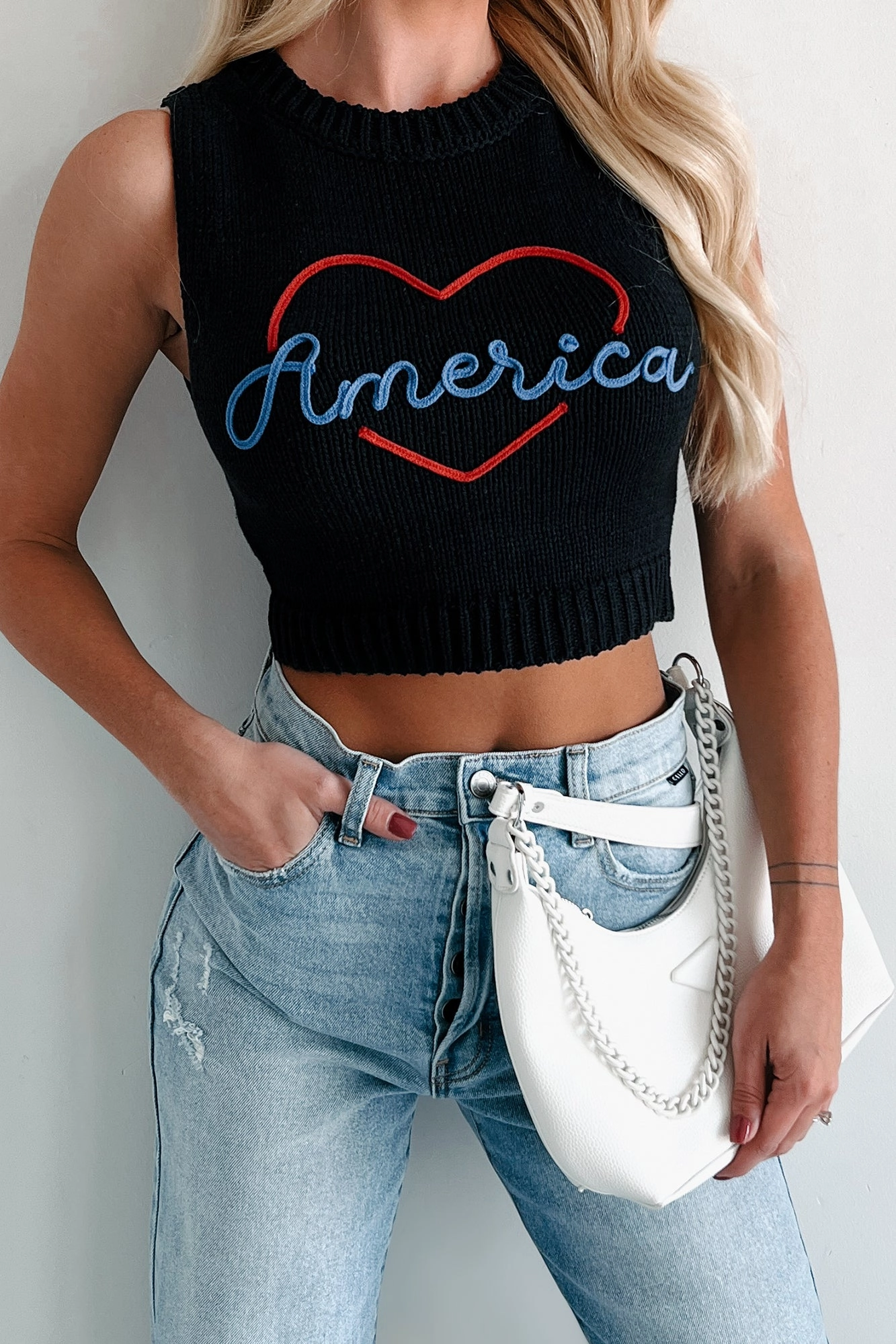 StretchFit Love My Country Sweater Knit Tank Top (Black)