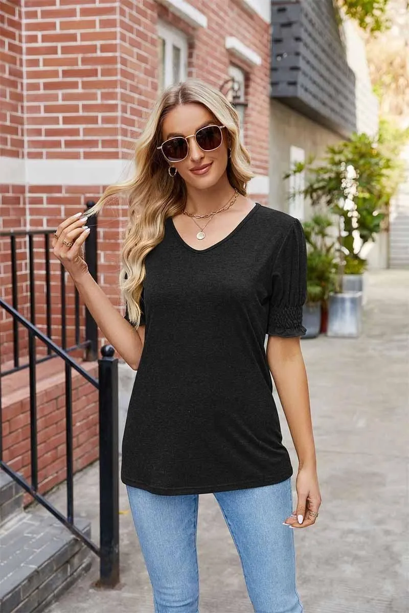 Sport Hoodie PLEATED FRILL PUFF SLEEVES V NECK TEE