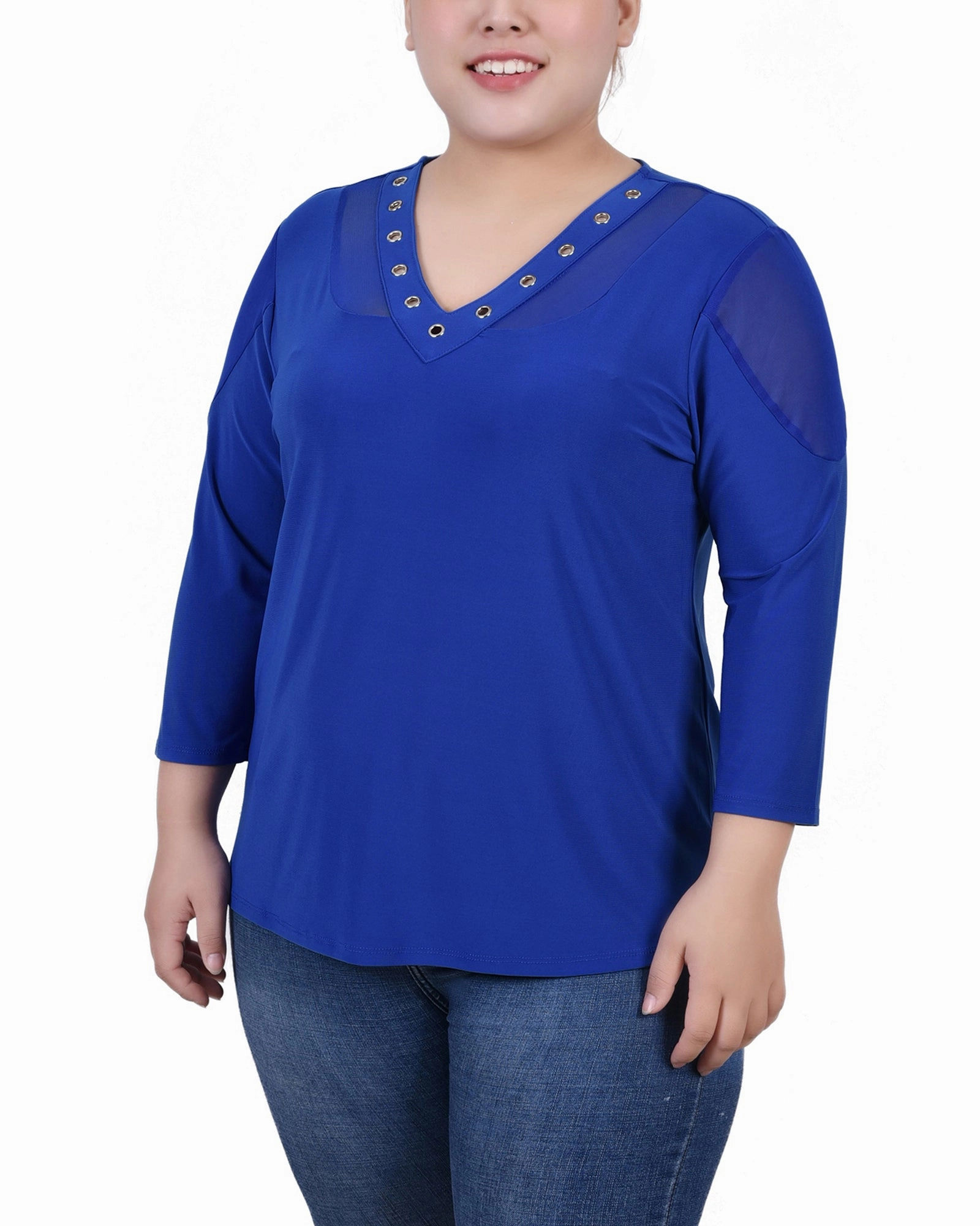 Plus Size Long Sleeve Top With Mesh Insets Wide Shoulder Cut OversizedSilhouette