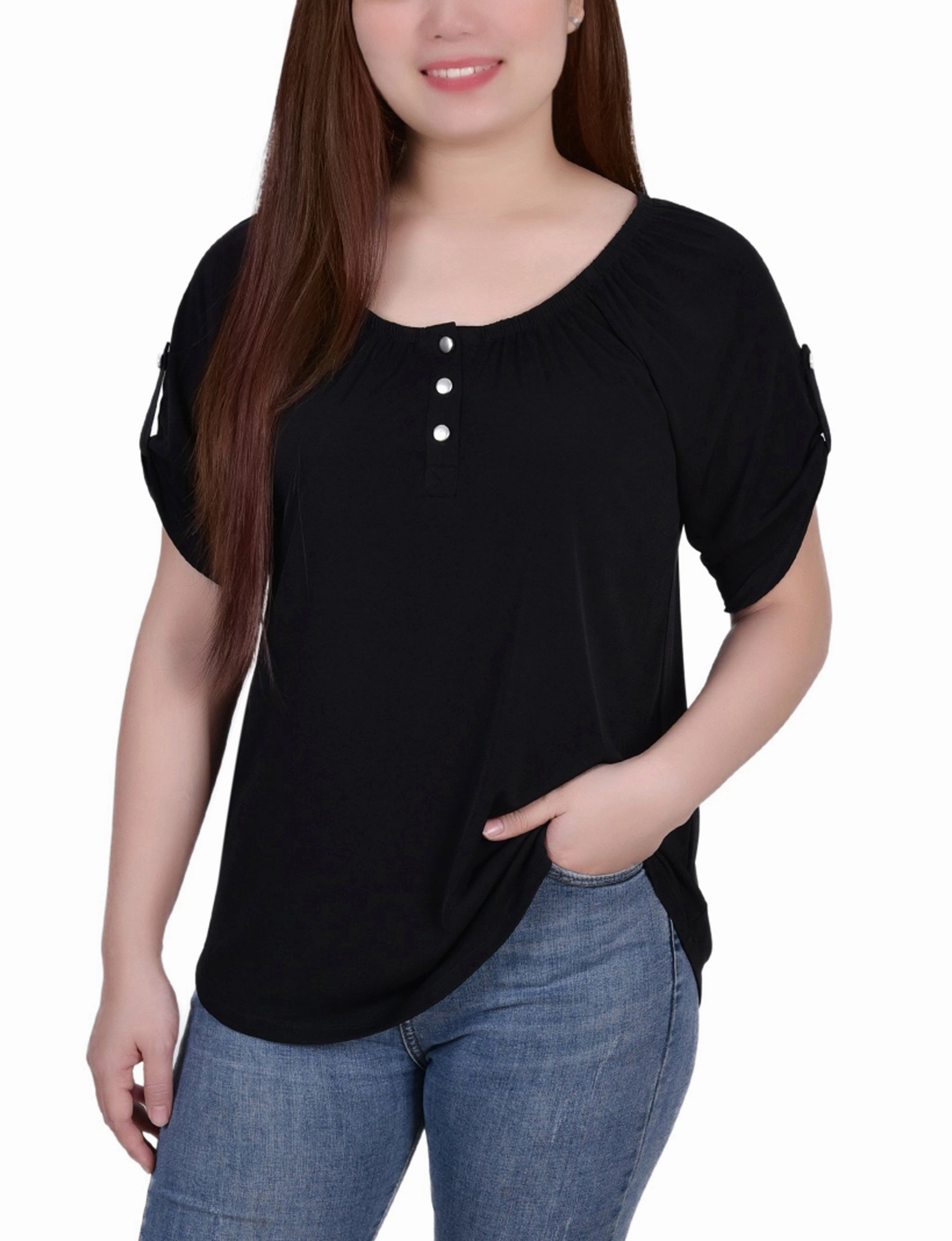 Hypoallergenic Fiber Short Sleeve Round Neck Henley Top