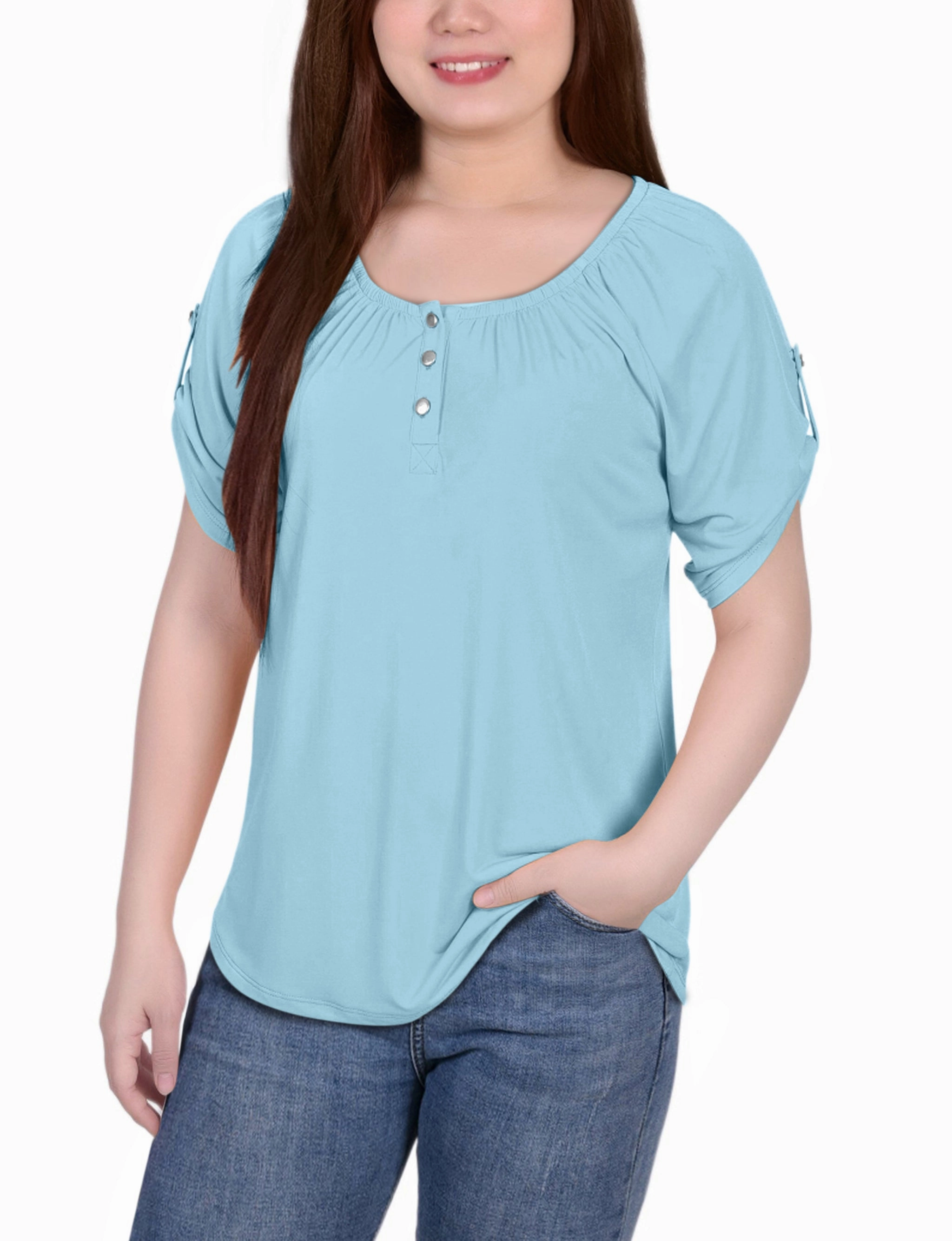 Short Sleeve Round Neck Henley Top Contemporary Cut