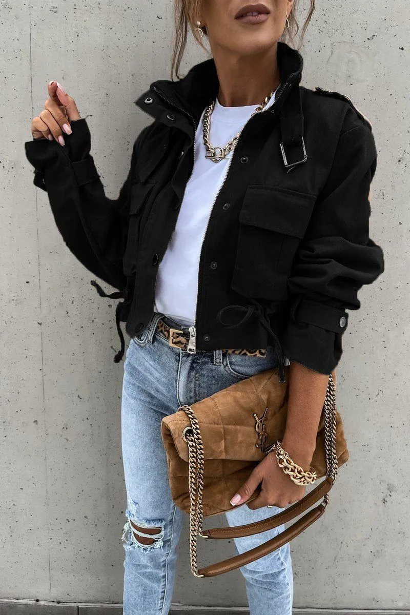 WOMEN OVERSIZED POCKET MOTORCYCLE JACKET SHORT TOP100% POLYESTERSIZE S(2)-M(2)-L(2)-XL(2)MADE IN CHINA Stretch Fit Top