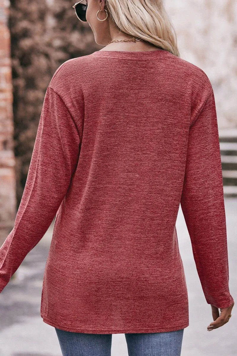 Hidden Storage Pocket Layered Panel Construction WOMEN BRUSHED BUTTONED V NECK LOOSE FIT TOP