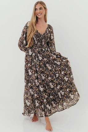 Luann Floral Maxi Dress in Mocha Mousse Comfy Detail Cap-Sleeve