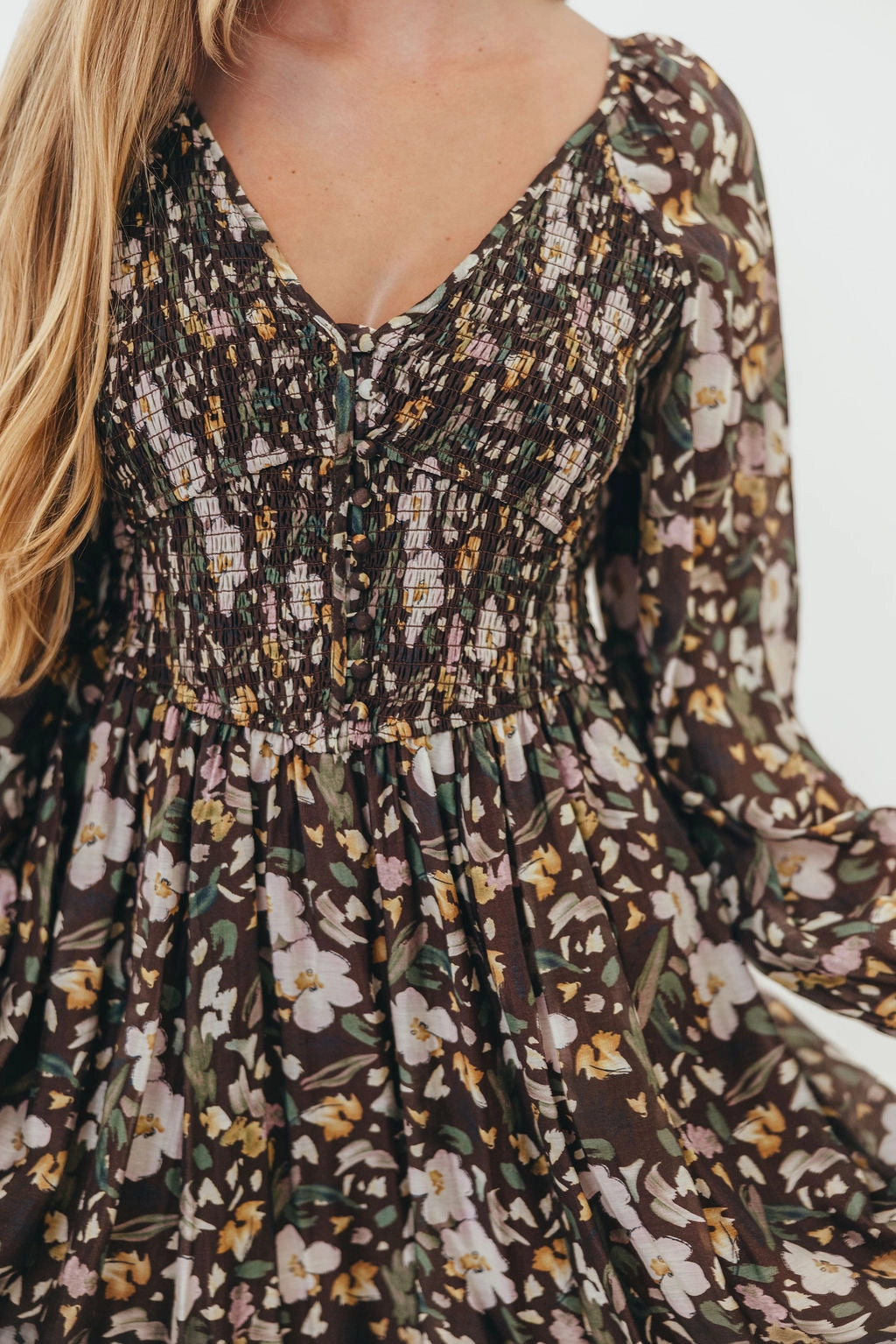 Luann Floral Maxi Dress in Mocha Mousse High-waisted evening piece