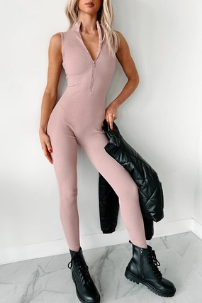 Luck Of The Draw Ribbed Half Zip Jumpsuit (Dusty Pink) Lightweight insulation SeamFreeShoulder