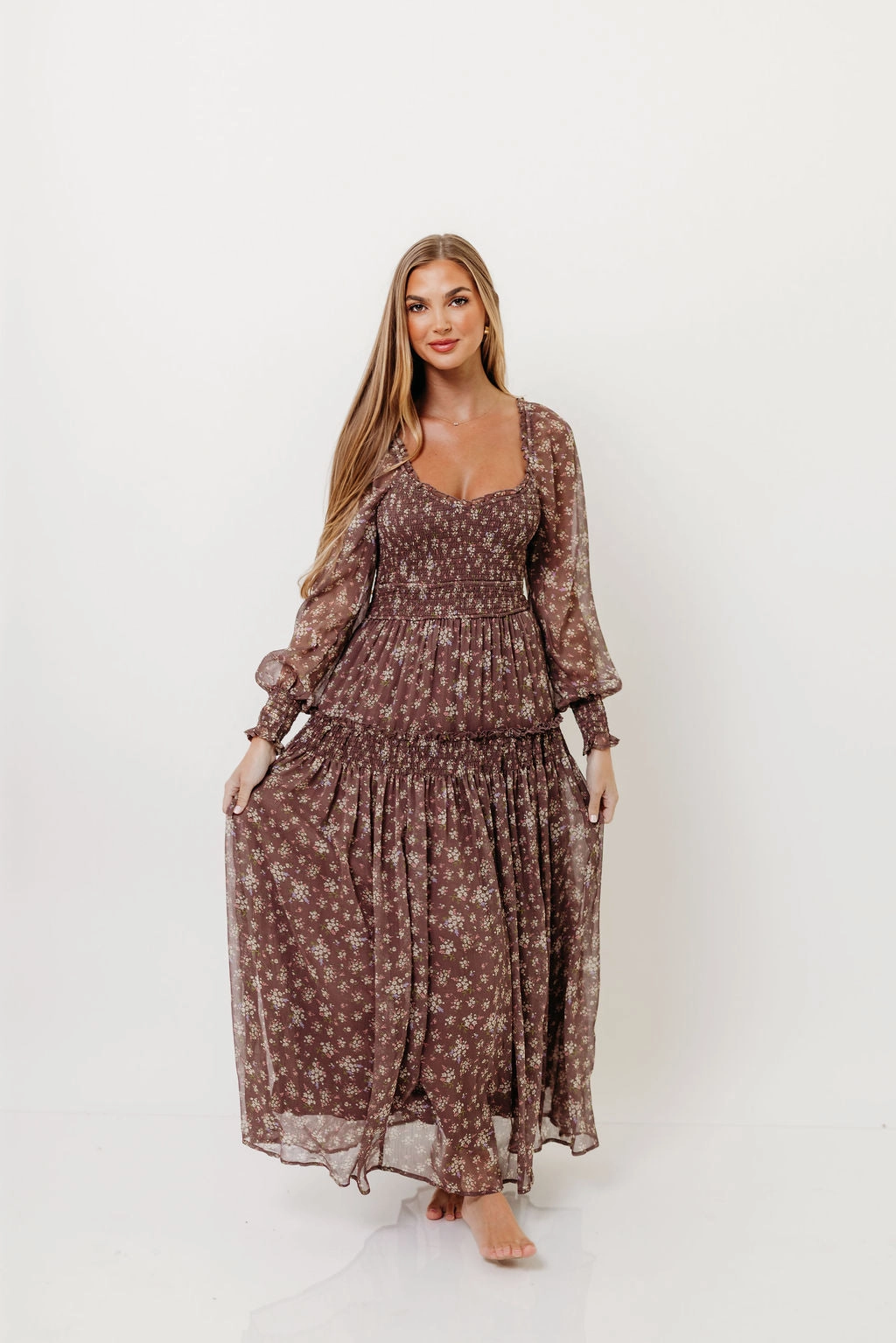 Chic Mom Luisa Smocked Floral Maxi Dress in Mocha Mousse