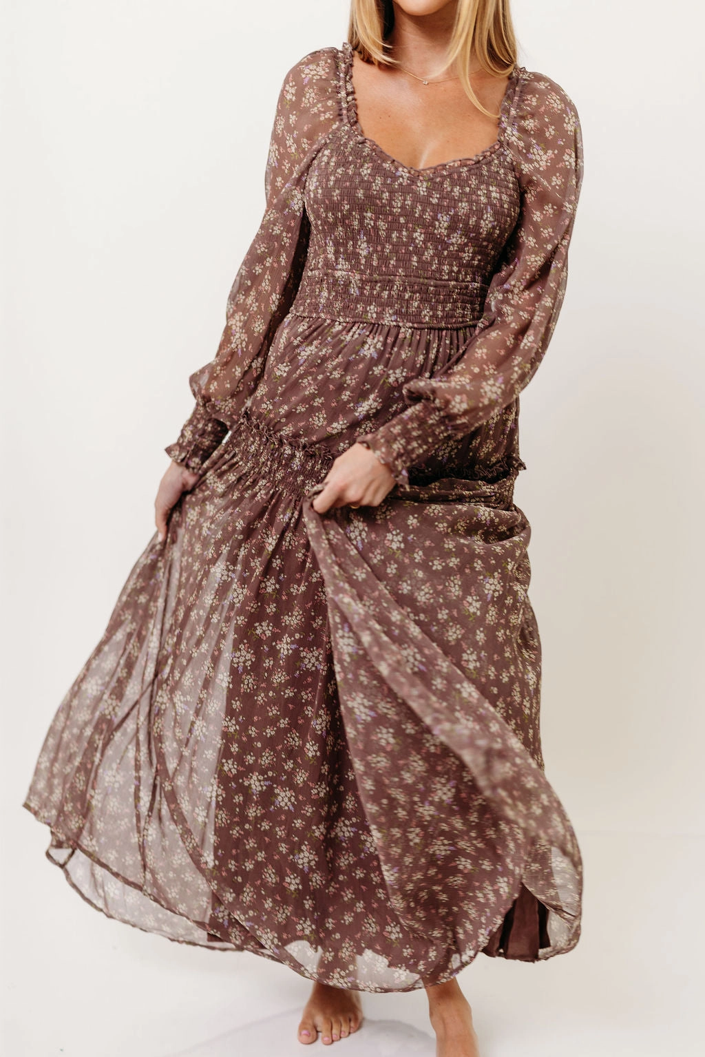 Street Edge Tailored-fit Luisa Smocked Floral Maxi Dress in Mocha Mousse