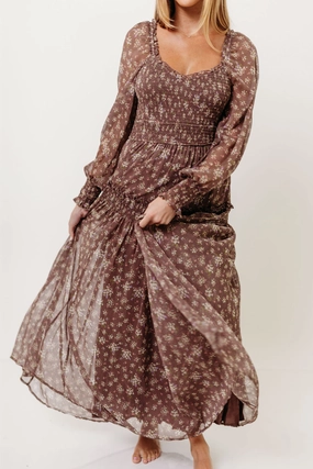 Street Edge Tailored-fit Luisa Smocked Floral Maxi Dress in Mocha Mousse
