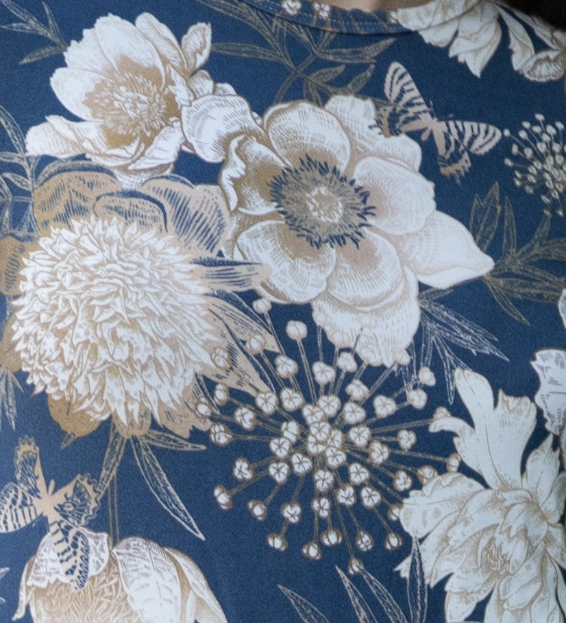 Wide Shoulder Cut Hidden Button Placket Luna Floral Tee