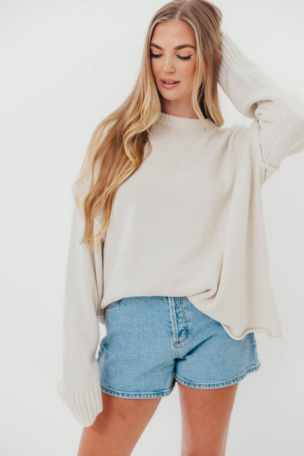 Luna Relaxed Boyfriend Fit Crew Neck Sweater in Oatmeal NonRestrictive Fit Adjustable Shoulder Straps